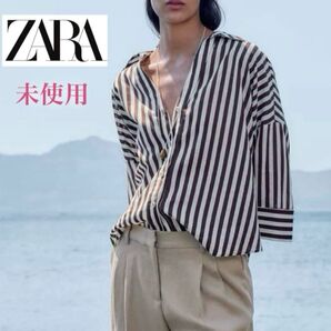 希少★今シーズン/未使用★ZARAザラ★半袖ブラウス ブラウン系ストライプ