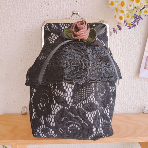 メガネがま口ポーチ黒レース ハンドメイド がま口 小物入れ