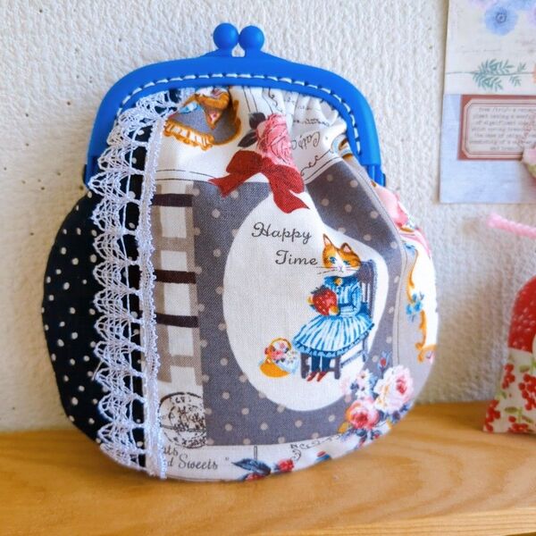 プラがま口ポーチオシャレネコグレー ハンドメイド 小物入れ がま口ポーチ 小銭入れ ポーチ がま口