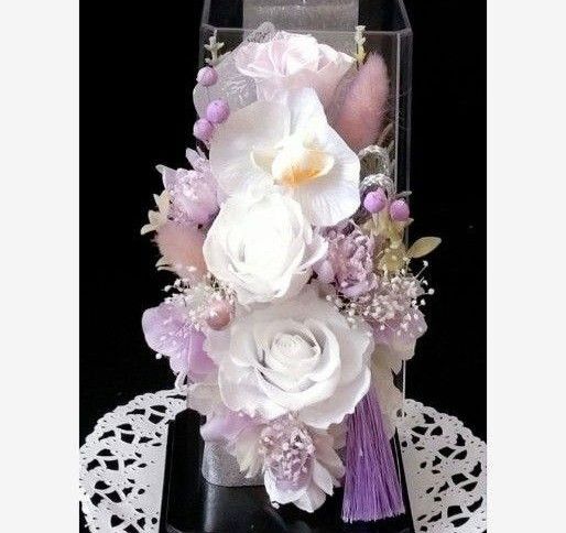 仏花 プリザーブドフラワーアレンジ クリアケース入り お供え花 1基 蘭 ホワイト×ライラック