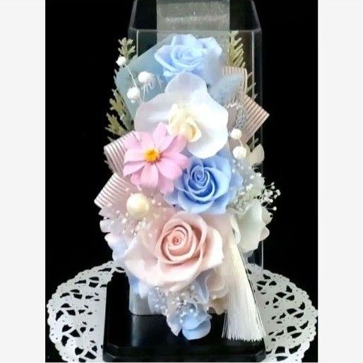 仏花 プリザーブドフラワーアレンジ クリアケース入り お供え花 1基 蘭 パステルカラー パステルピンク×パステルブルー
