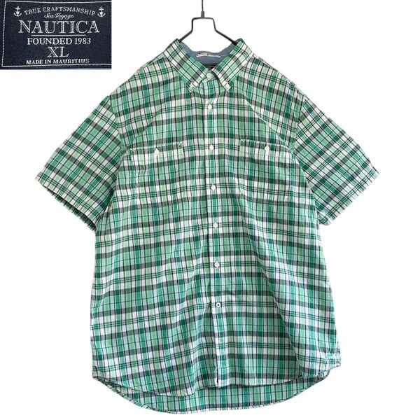 90s NAUTICA ノーティカ アメリカ古着 ロゴ刺繍 半袖シャツ 緑 XL