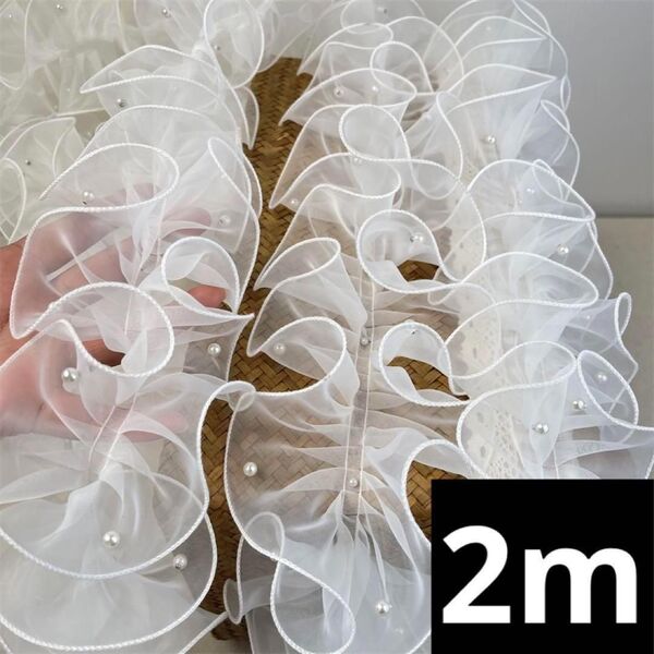 パール付きレース フリルレース オーガンジー 白 幅11cm 長さ2m 手芸