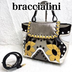 希少品 braccialini フラワー刺繍 ショルダーバッグ 2way ブラッチャリーニ ハンドバッグ 本革 ゴールド金具