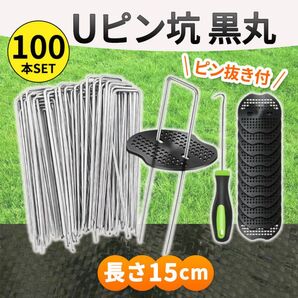 Uピン杭 黒丸付き 15cm 100本セット ピン抜き付き 防草シート 除草シート 人工芝 固定ピン ペグ テント 園芸 農業
