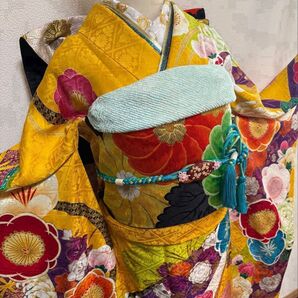 美品★正絹振袖10点フルセット★友禅帯地草履パックセット付★金駒刺繍 金彩 紋意匠 着付け小物セット付