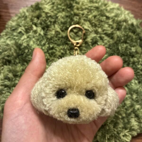 *うるうるおめめのトイプードル ポンポン毛糸キーホルダー*クリーム アプリコット ベージュ 羊毛フェルト マスコット