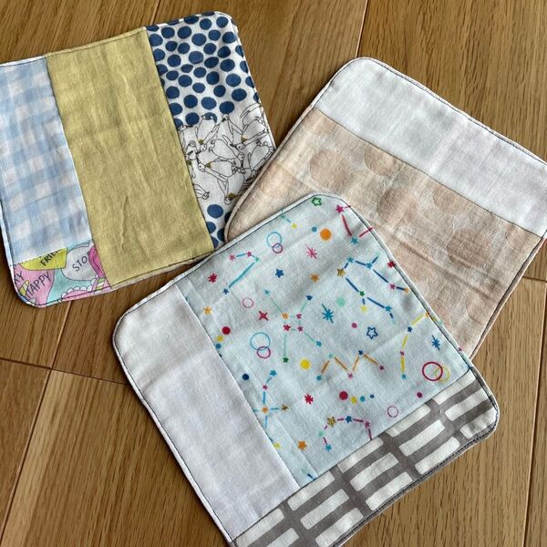 パッチワーク ハンカチ3枚セット ハンドメイド ダブルガーゼ 裏表柄いろいろ