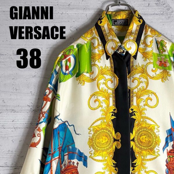 希少 90s ジャンニヴェルサーチ バロック シップ シルク シャツ 金ボタン 38 GIANNI VERSACE