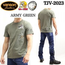 送料無料 バンソン VANSON×TOM&JERRYコラボ 6.2oz空紡天竺 ポケット 刺繍プリント半袖Tシャツ TJV-2023-ARMY GREEN-L アメカジ トムジェリ_画像2