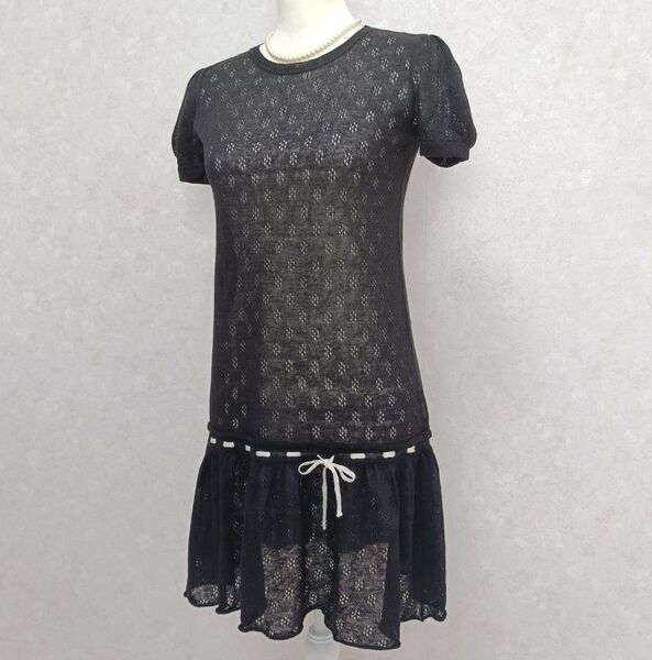 RED VALENTINO 透かし編みワンピース パフスリーブ リボン 黒 S ブラック