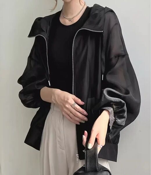 【ブラック】新品 シアージャケット シアーパーカー ブルゾン 薄手 羽織り 上着 日焼け対策 UVカット クーラー対策 黒