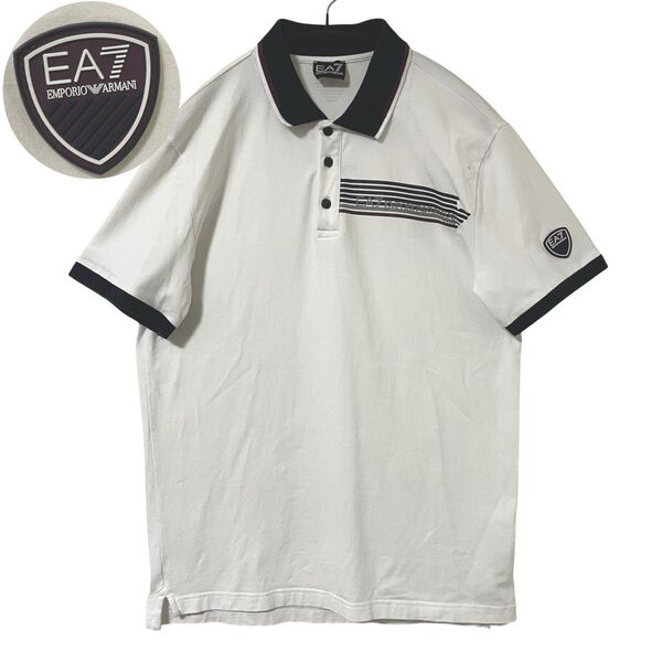 美品 ARMANI エンポリオアルマーニ EA7 半袖ポロシャツ リンガーTシャツ XL 大きい ストレッチ ワッペン ビッグロゴ