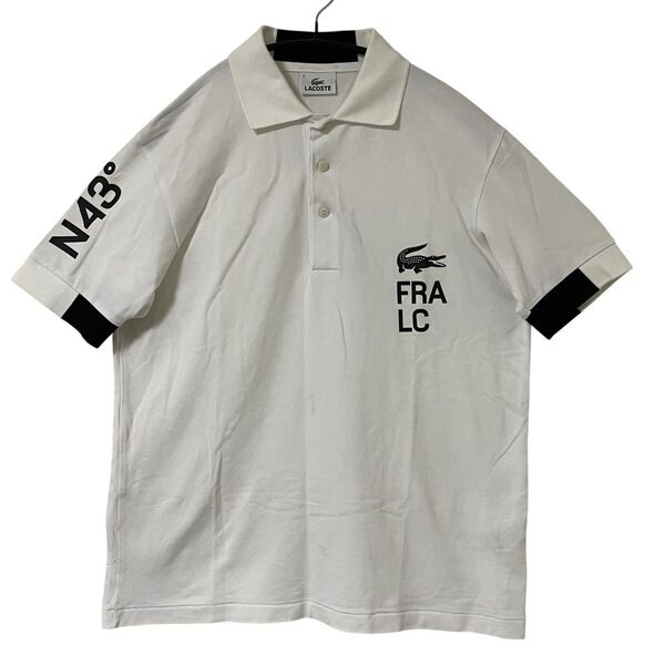 美品 LACOSTE ラコステ 半袖ポロシャツ セイリング ビッグプリントロゴ 切り替えデザイン 白 ホワイト 黒 ブラック M