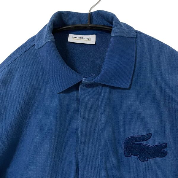 美品 LACOSTE ラコステ 完売品 半袖ポロシャツ 比翼仕立て ビッグワッペンワニ パイル 青 ブルー M 3 希少デザイン