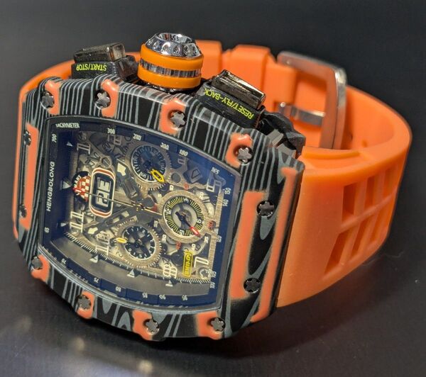 新品 腕時計 リシャールミルtype クオーツ オマージュウォッチ ラバー トノー オレンジ クロノグラフ