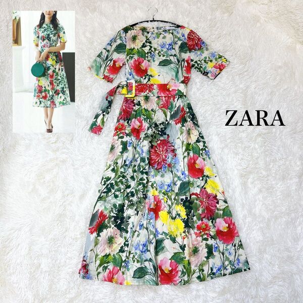 ZARA 花柄 ボタニカル 半袖 ベルト付き Aライン ロングワンピース