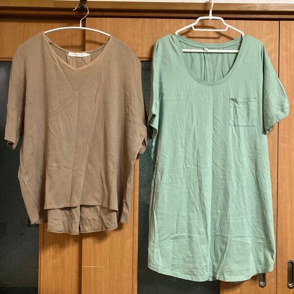 【2点セット】ベージュカットソー(アメリカンホリックL)とミントグリーンチュニック丈Tシャツ(ユニクロL)トップス 半袖 綿100