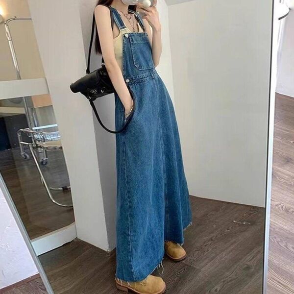 デニム ジャンパースカート ロング 楽ちん 普段着 サロペット マキシ丈 ロングワンピース ノースリーブ ワンピース 着やせ