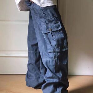 カーゴパンツ ストライプ ジーンズ マ ルーズ ストレート 大きいサイズ ペインターパンツ ワーク パンツ