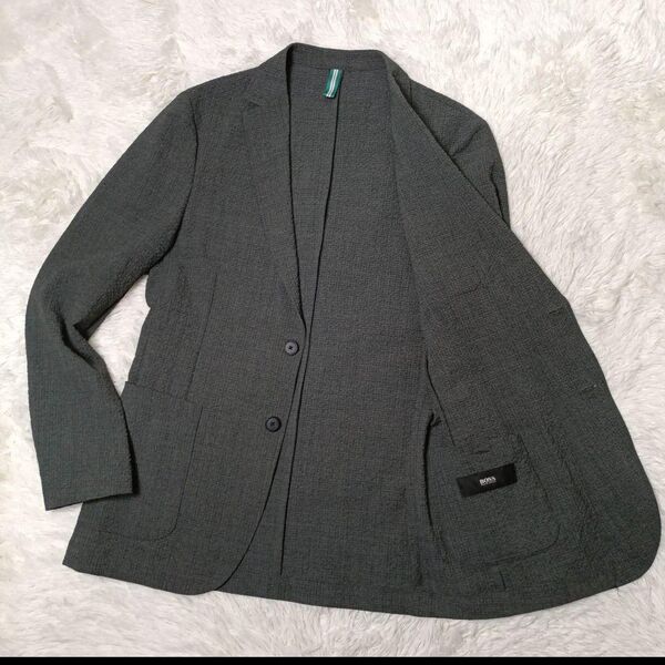 美品■HUGO BOSS ヒューゴ・ボス テーラードジャケット シアサッカー グレー