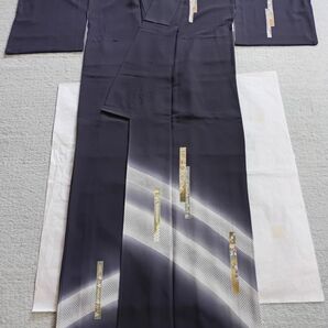 正絹 訪問着 紺地 金銀模様