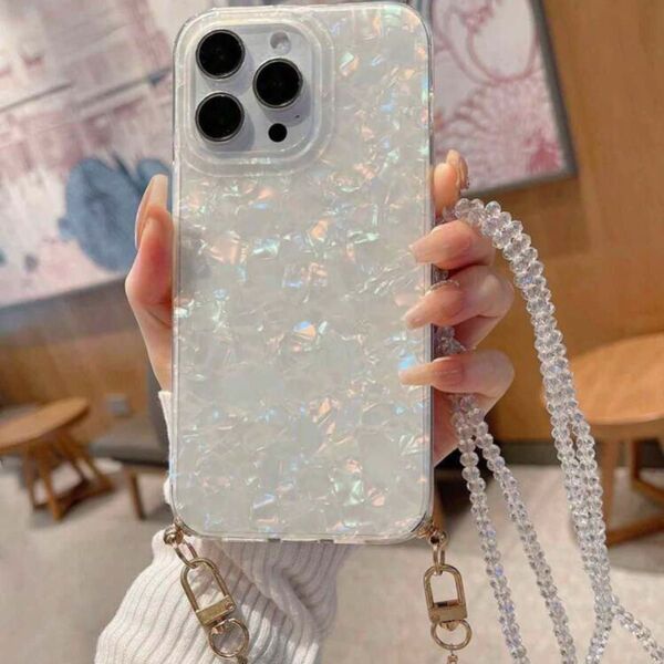 iPhone13pro ケース ネックストラップ 貝殻 シェル クリア オーロラ