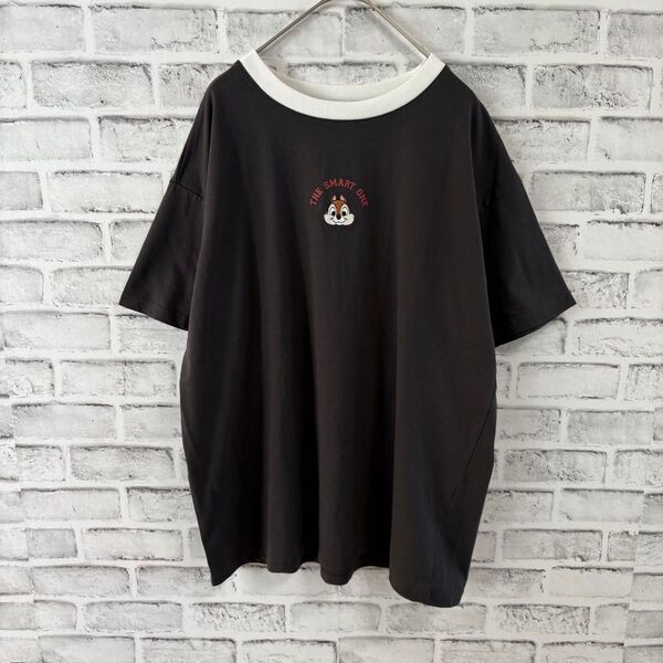 ☆ディズニー チップとデール 刺繍 クルーネック 半袖 Tシャツ L