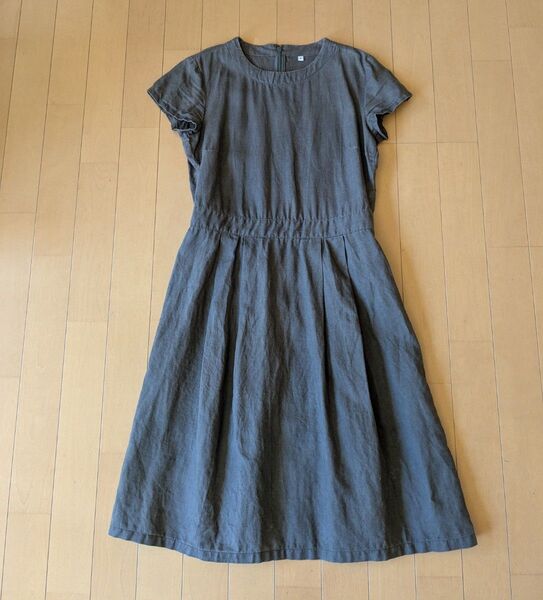 無印良品 S リネン 半袖 ひざ丈 ワンピース 褪せた黒 麻 リネン100
