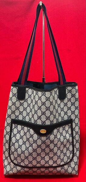 本物 GUCCI グッチ 革.PVC カバン バッグ トート シェリーライン A4 大容量 男女兼用 紺 ネイビー