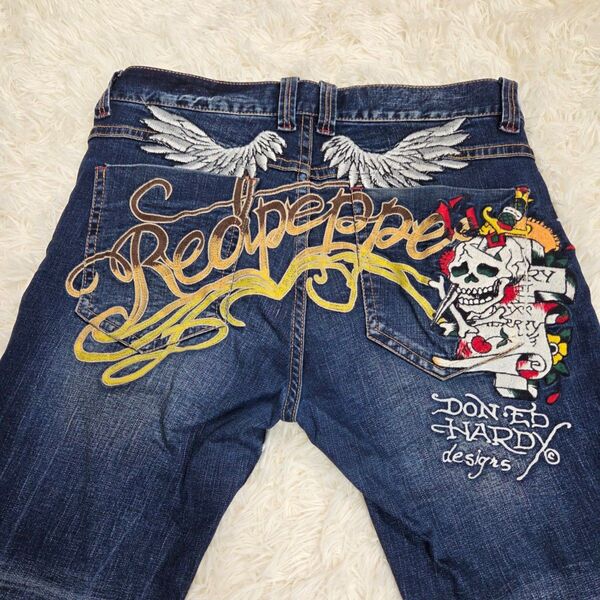 Ed Hardy×Red Pepper エドハーディー レッドペッパー 刺繍 デニム 羽 スカル ドクロ サイズ34 LL