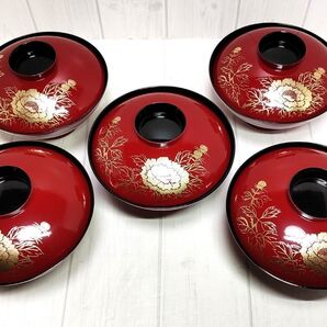 椀 5個セット 牡丹 朱色 金 和食器