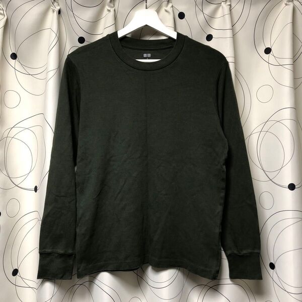 【UNIQLO ユニクロ】長袖クルーネックTシャツ メンズ Sサイズ モスグリーン 綿100% 無地