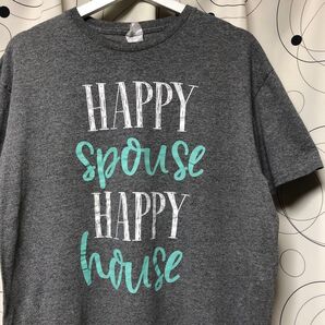 ★US古着★《HAPPY Spouse HAPPY house》プリントTシャツ 半袖 グレー