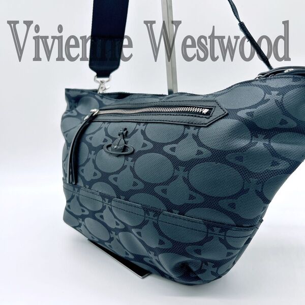 希少 Vivienne Westwood ヴィヴィアンウエストウッド レザー クロスボディ 斜め掛け オーブ 金具 総柄 ネイビー