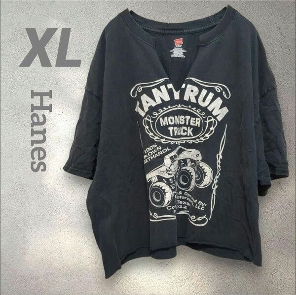 Hanes モンスタートラック Tシャツ 黒ブラック キッズレディース 半袖 古着 XL