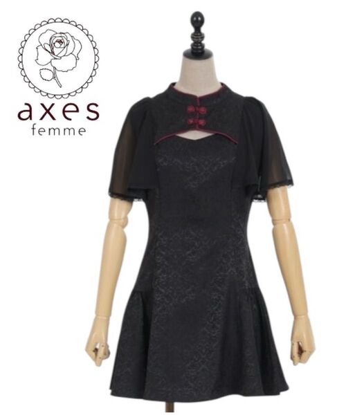 axes femme チャイナデザインミニワンピース ポエティック 美品 黒 アクシーズファム Mサイズ 半袖 ミニワンピ