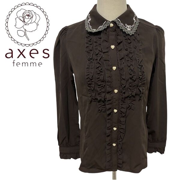 axes femme ハートリボン刺繍ブラウス 新品未使用タグ付き シャツ 茶色 長袖 アクシーズファム Mサイズ フリル レース