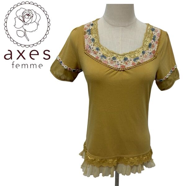 axes femme レース 花モチーフ トップス Tシャツ チュール 美品 カットソー 半袖 アクシーズファム Mサイズ 黄色