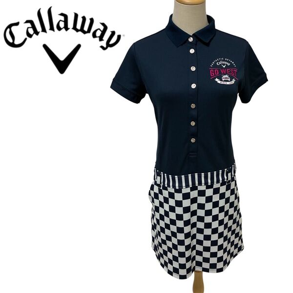 Callaway ネイビー チェック柄 ワンピース GOLF ポロシャツワンピ キャロウェイ Lサイズ 美品 ゴルフウェア 半袖