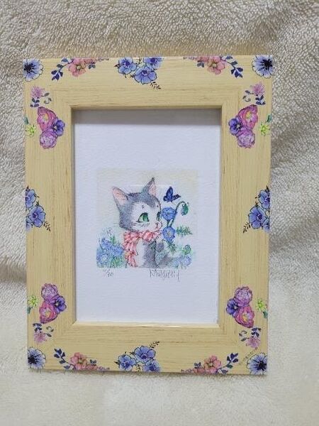 いのまたむつみ ミニ版画(猫)「青い花」直筆サイン入り 限定30枚