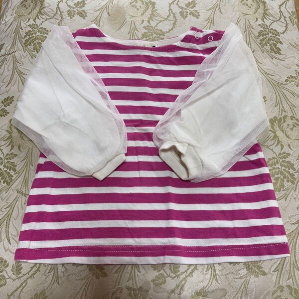 ベビー服 トップス 女の子 90ピンク×白 ボーダー チュール ブランシェス