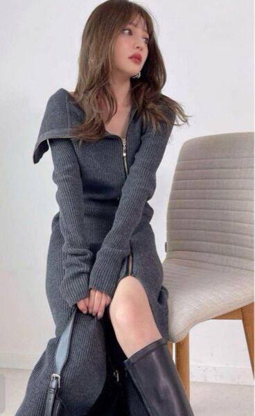 GRL グレイル ジッパースリットニットロングワンピース チャコール M