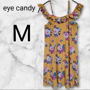 eye candy 【M】フローラルオフショルダーひざ丈ワンピース イエロー 黄 キャミワンピ 花柄