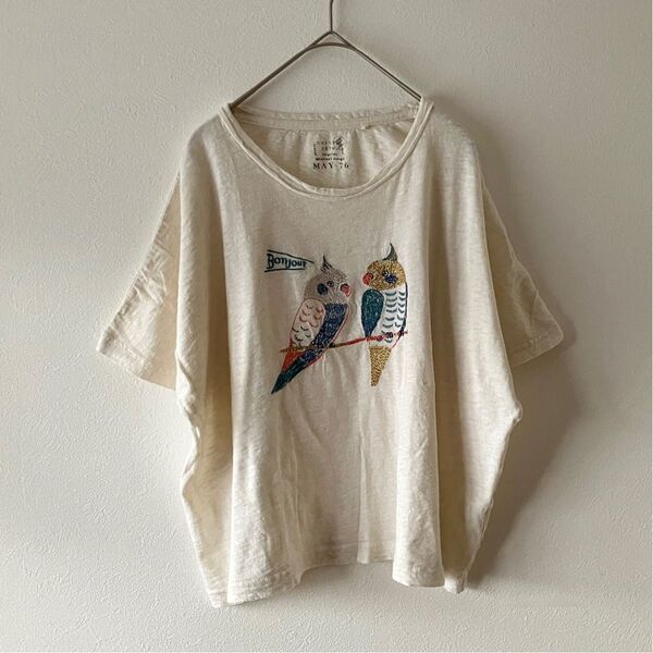 美品☆Emago カラフル鳥さん刺繍ドルマンTシャツ カットソー クルーネック オーバーサイズ ゆるシルエット ナチュラル 半袖