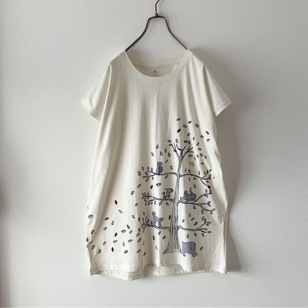 新品☆アニマルツリー柄ロングTシャツ チュニック 半袖 綿100 ゆったりシルエット ドルマンスリーブ オーバーTシャツ