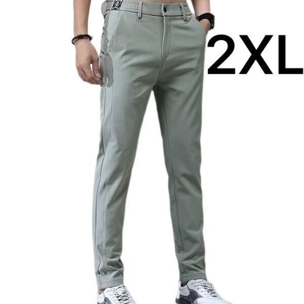 メンズ パンツ ライトグリーン 2XL アイスシルク ストレッチ 伸縮性 オフィスカジュアル スマート ゴルフ スポーツ 登山