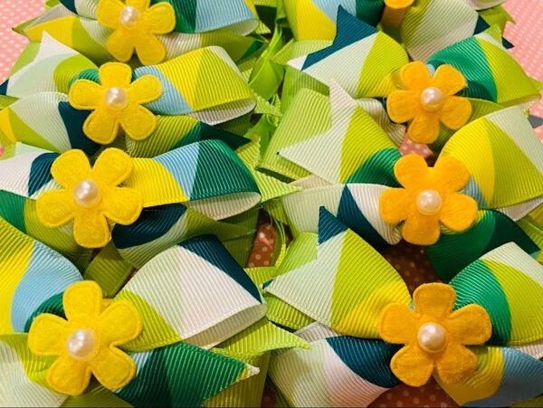 【10個セット】犬用チョーカー 黄色花×グリーンリボン 爽やかストライプ バックルタイプ 首飾り トリミング用品