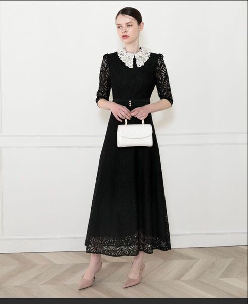 LEJA-レースビッグカラー花柄刺繍ウエストマークロングフレアドレスワンピース MEDIUM