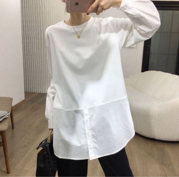 【長袖シャツ】白 ホワイト トップス レイヤード ロングシャツ チュニック ロンT tシャツ ロング カットソー 春夏秋冬